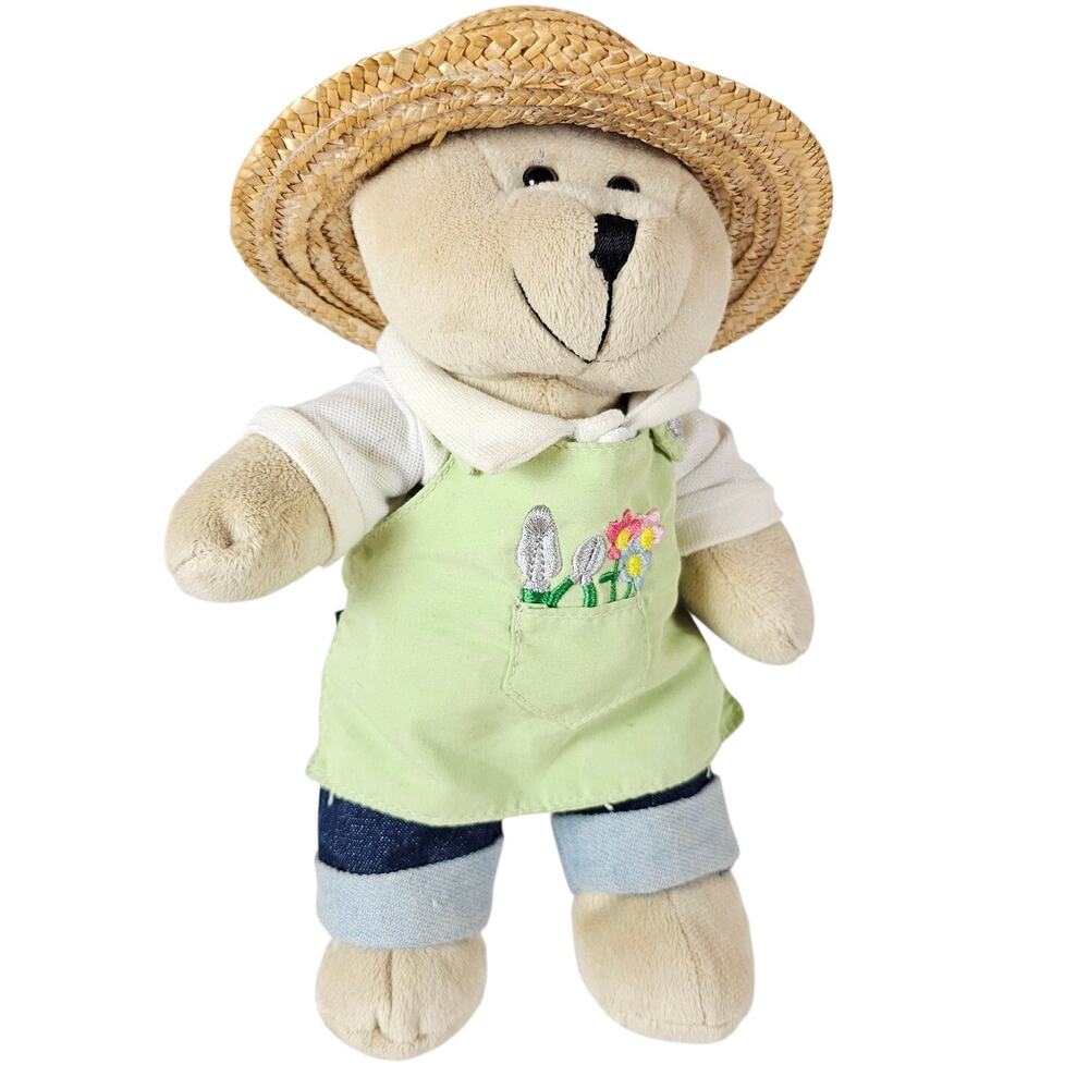 Starbucks Bearista Bear Plush Garden Outfit Straw Hat Denim Shorts 9" 2006 Toy
